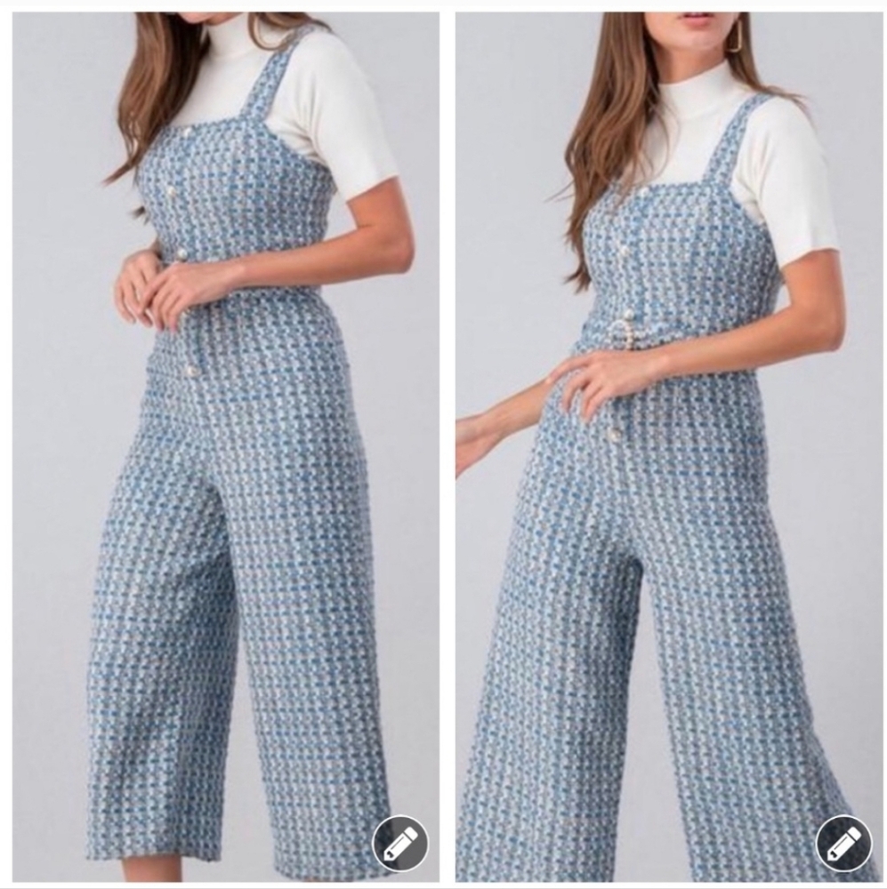 Jealous Tomato Blue & White Tweed Cropped Wide Leg Jumpsuit Sleeveless EUC Sz SM - Picture 3 of 16